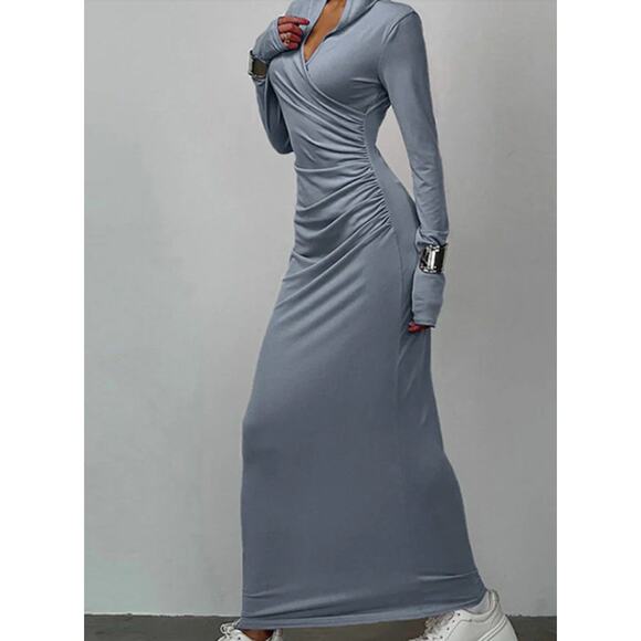 Elegant V Neck Hooded Bodycon Maxi Dress | Size Small - Picture 4 of 7